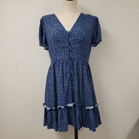 blue dress; mini dress; buttons' white floral 