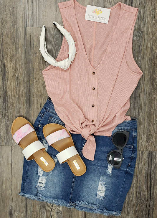 pink waffle texture tied up tank top