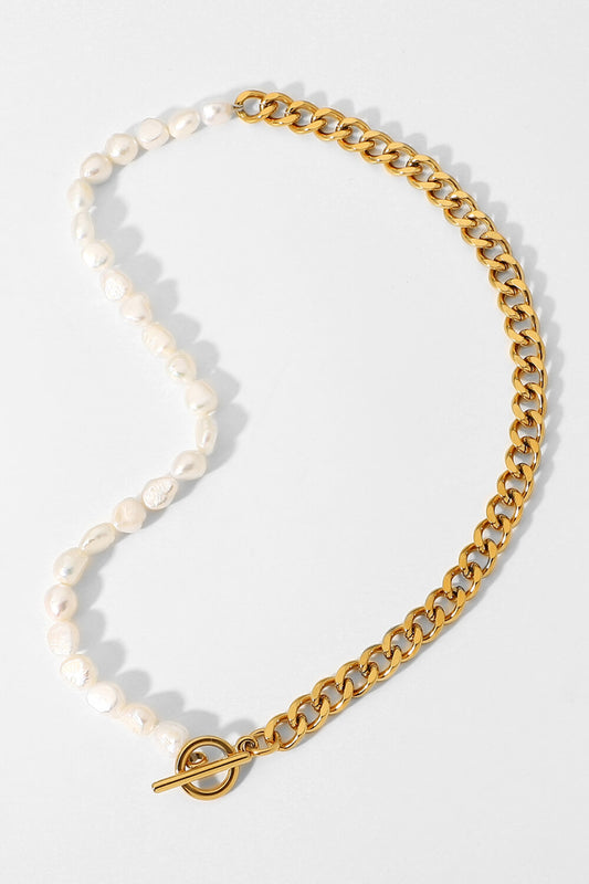 imitation freshwater pearls on one side and a gold-plated chunky chain on the other side