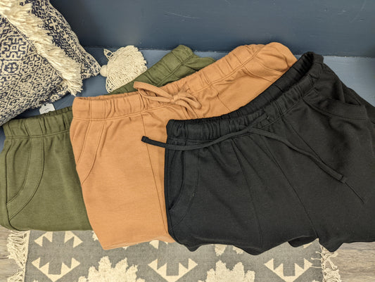 lounge shorts; green; comfy; pockets; black; drawstring; shorts; bottoms; camel 