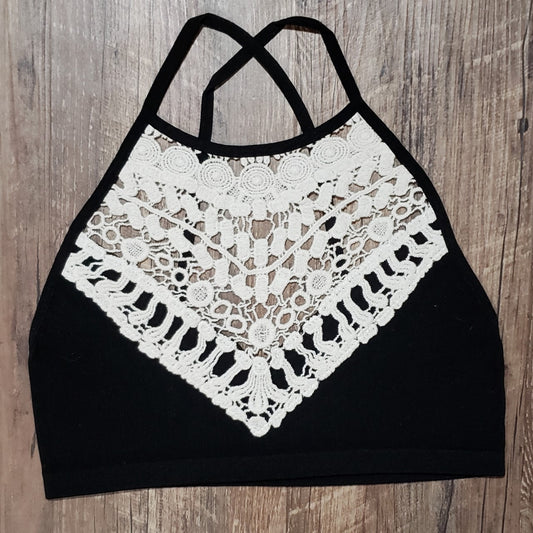 Crochet Lace High Neck Bralette - Black